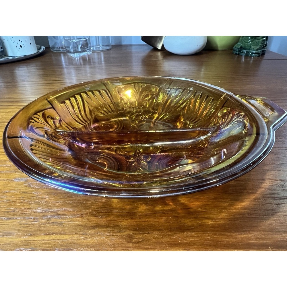 Vintage Amber Iridescent Carnival Glass Round Handled Tray, Pressed Decorative